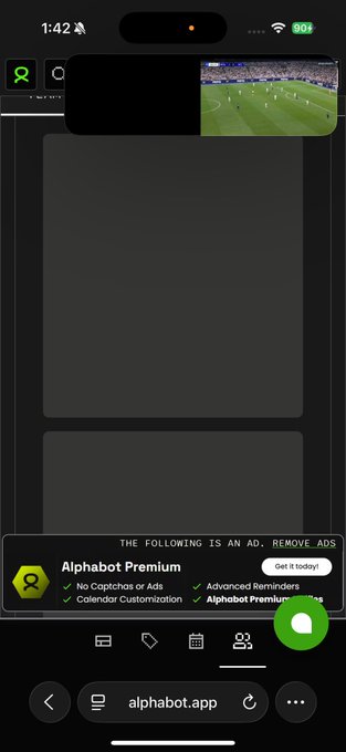 A mobile screenshot showing an ad for 'Alphabot Premium' with the text 'THE FOLLOWING IS AN AD. REMOVE ADS' displayed above it on a dark interface.