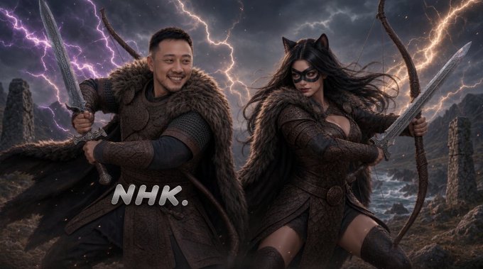 The image shows a photoshopped composite of a man and a woman in medieval fantasy warrior attire, with the man wielding a sword and the woman holding a bow, set against a dramatic stormy backdrop with lightning. The text "NHK." is overlaid on the image. The post, which uses the fantasy warrior imagery as a metaphor for fighting through the crypto market, encourages optimism about Bitcoin ($BTC) and Ethereum ($ETH) while promoting @NucleusCodes as a Web3 distribution layer.