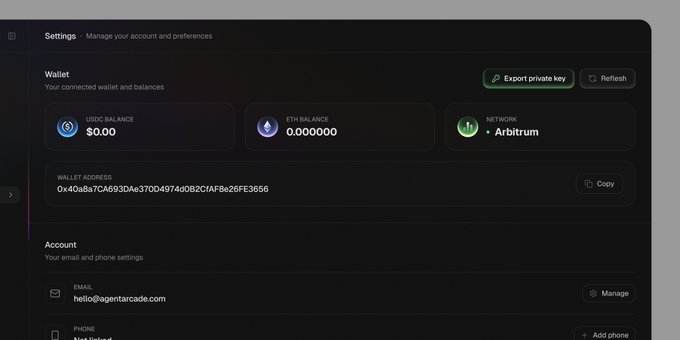 A Settings page showing a wallet dashboard with $0.00 USDC balance, 0.000000 ETH balance, connected to the Arbitrum network, with wallet address 0x40a8a7CA693D4a370D497d082C1AF8e26FE3656 and email hello@agentarcade.com.