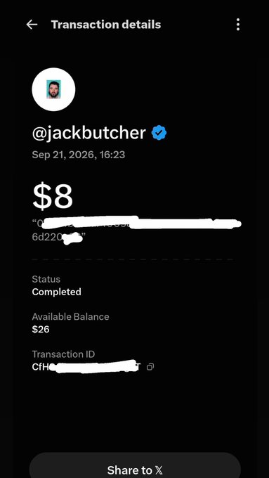 The image shows a transaction details screen displaying an $8 payment to @jackbutcher (Sep 21, 2026) with a completed status and $26 available balance, with sensitive information redacted in white. This relates to the accompanying post about sending a payment to @jackbutcher, with the "May the force be with you" message serving as a Star Wars-themed note accompanying the transaction.
