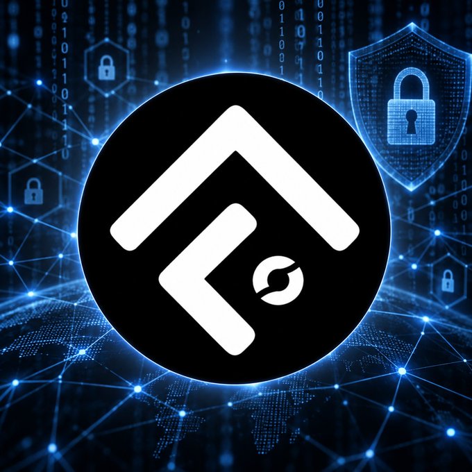 A stylized image featuring a white logo on a black circular background against a blue digital matrix backdrop with binary code, padlock symbols, and shield icons representing cybersecurity.