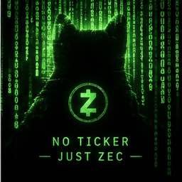 A stylized green digital graphic featuring a hooded figure with a Z logo and the text 'NO TICKER — JUST ZEC —'.