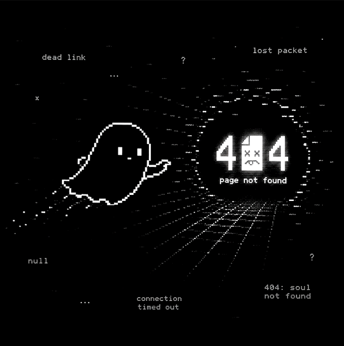 The image features a ghost with a sad expression flying through a black void, surrounded by lines of code that appear to be 404 errors or 404 ghost messages. The ghost seems to have lost its way and is now searching for an exit. The text "Page not found" suggests that the ghost has encountered a 404 error while trying to navigate this digital void.