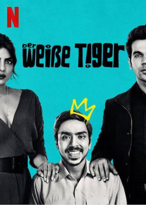 Netflix promotional poster for the show 'Der Weiße Tiger' featuring two adults and a young man with a drawn-on yellow crown.