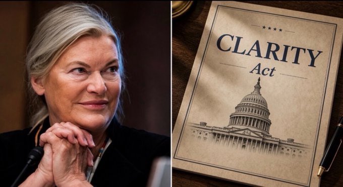 A side-by-side image showing Senator Cynthia Lummis with her hands clasped on the left, and a document titled "CLARITY Act" featuring an illustration of the U.S. Capitol on the right, visually supporting her urgent call to pass the legislation.