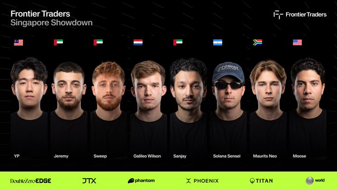 A promotional graphic for 'Frontier Traders Singapore Showdown' featuring headshots of eight participants (YP, Jeremy, Sweep, Galileo Wilson, Sanjay, Solana Sensei, Maurits Neo, Moose) with their respective national flags above them.