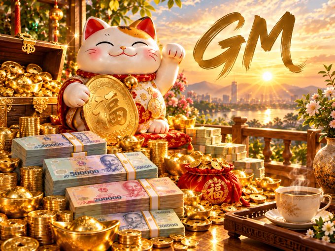 A festive digital illustration of a Maneki-neko (lucky cat) holding a gold coin with the Chinese character 福 (fortune), surrounded by stacks of Vietnamese Dong banknotes, gold ingots, and the text 'GM' written in the sky.