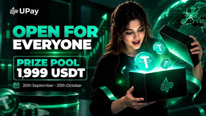 A promotional banner for UPay featuring a woman opening a glowing green box with USDT coins emerging, advertising a 1,999 USDT prize pool open to everyone from 20th September to 20th October.