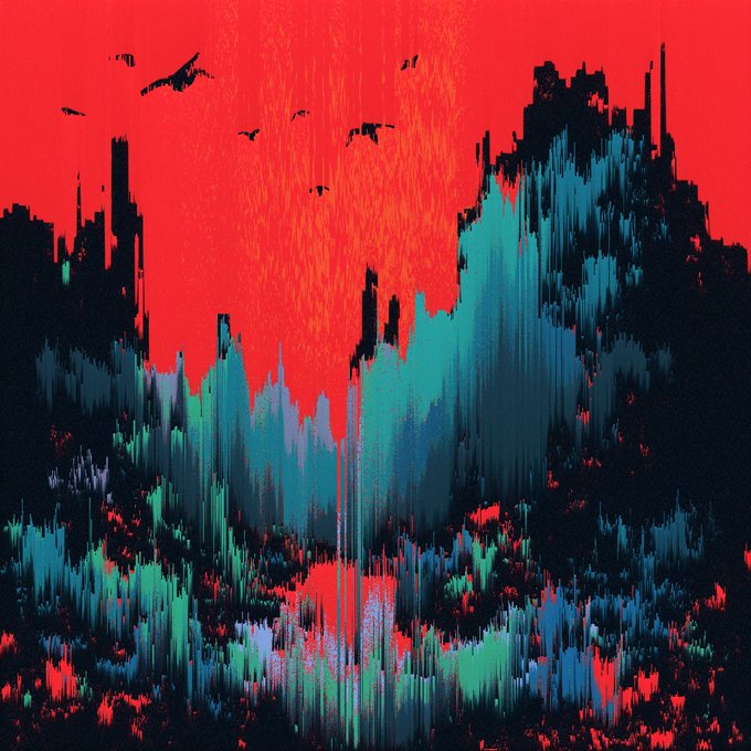 A glitchy, pixel-art style digital landscape featuring silhouetted birds flying across a vivid red sky above dark, fragmented teal and black mountainous forms, evoking the "Geese" NFT collected by wandering_stoic on Objkt.