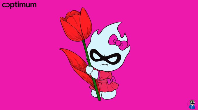 A cartoon illustration on a bright pink background showing a white flame-headed character with a Hello Kitty bow holding a red tulip-like flower, with the 'Optimum' logo in the corner.
