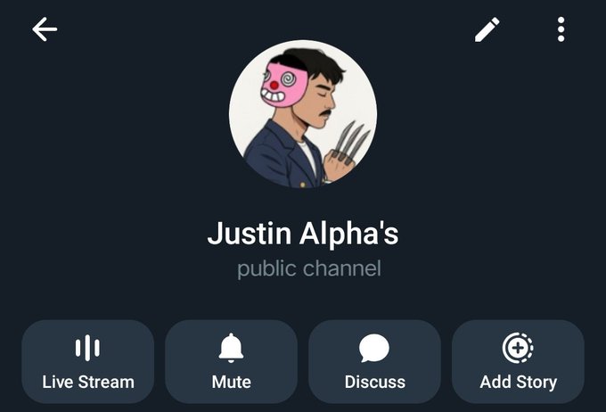 A screenshot of a Telegram channel called 'Justin Alpha's' described as a 'public channel', featuring an avatar of a half-masked figure with claws, and options for Live Stream, Mute, Discuss, and Add Story.