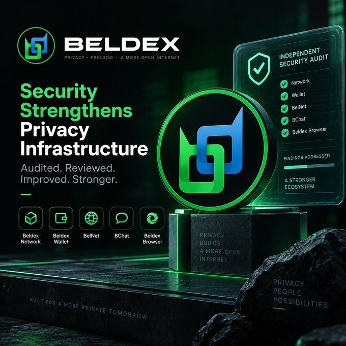 A promotional graphic for 'BELDEX' featuring the text 'Security Strengthens Privacy Infrastructure' along with audit information and product icons.