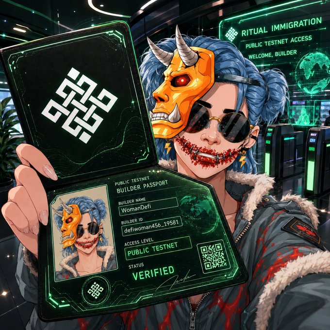 A digital illustration of a blue-haired character wearing an orange oni mask and sunglasses holding open a glowing green 'BUILDER PASSPORT' showing 'Builder Name: WomanDefi', 'Access Level: PUBLIC TESTNET', and 'Status: VERIFIED'.