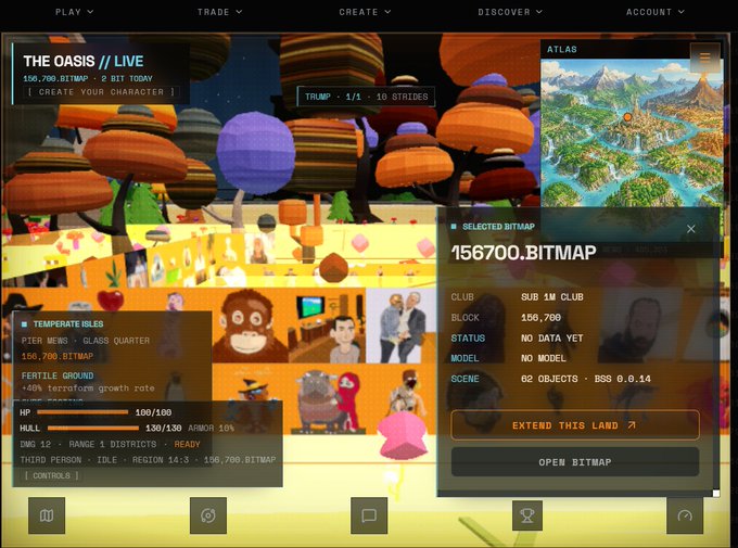 A screenshot of a 3D virtual world interface called 'THE OASIS' showing a selected bitmap land '156,700.BITMAP' featuring various blocky characters and objects.