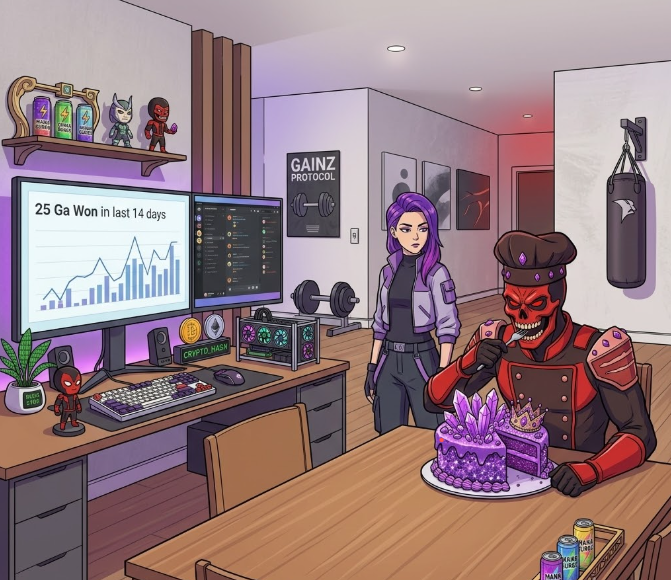 A colorful cartoon-style illustration of a modern gaming room featuring a purple-haired woman and a red-masked character eating cake, with a computer monitor displaying '25 Ga Won in last 14 days' and a poster reading 'GAINZ PROTOCOL'.