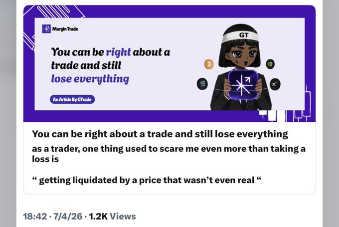 A social media post by 'GT Trade' titled 'Margin Trade' warning readers: 'You can be right about a trade and still lose everything,' with text explaining being liquidated by an unreal price.