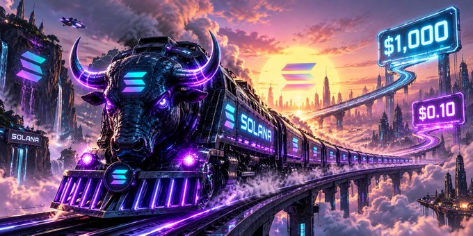 A digital artwork depicts a neon-lit Solana-branded train, led by a futuristic bull figure, soaring along an elevated track through a vibrant cityscape, with price targets "$1,000" and "$0.10" displayed on glowing billboards to match the post's bullish predictions for $SOL and $CURB.
