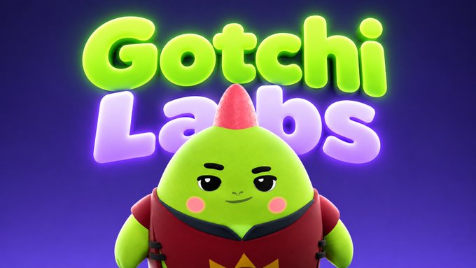 A 3D-rendered green cartoon character with a small red tuft stands in front of the glowing text 'Gotchi Labs' on a purple background.