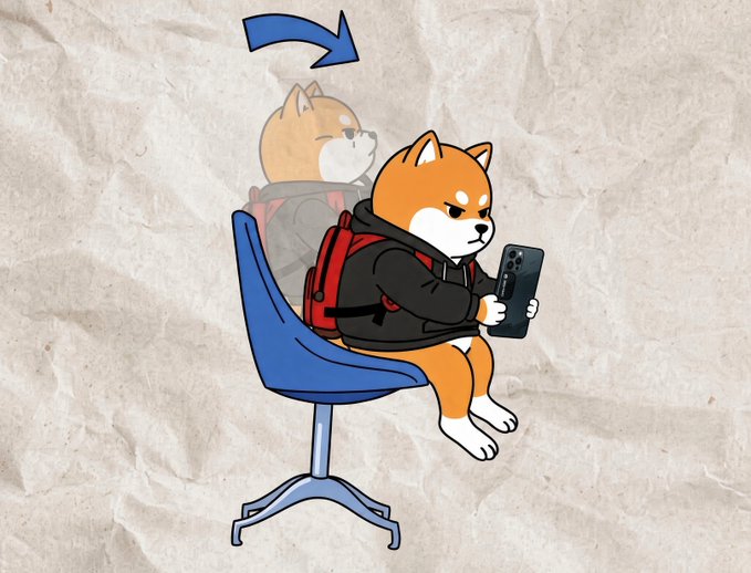 A cartoon illustration of a Shiba Inu dog wearing a red backpack and black hoodie, sitting on a blue chair and looking at a smartphone, with an arrow showing its movement.