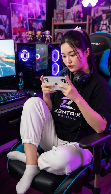 A woman wearing a 'ZENTRIX GAMING' shirt sits in a gaming chair holding a smartphone, with a colorful gaming setup and anime figures in the background.