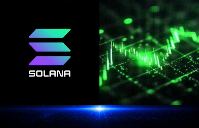 The Solana cryptocurrency logo in blue and purple gradients on the left, next to a green glowing stock market or financial chart on the right.