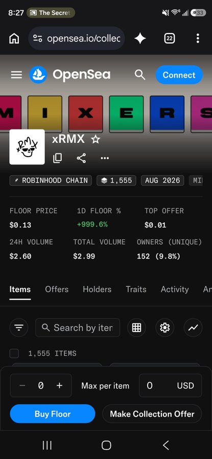 A screenshot of the OpenSea NFT collection page for xRMX on the Robinhood Chain shows a floor price of $0.13 with a dramatic +999.6% 1D floor increase, 1,555 items, 152 unique owners, and only $2.60 in 24-hour volume—highlighting the suspicious activity the post is calling out.
