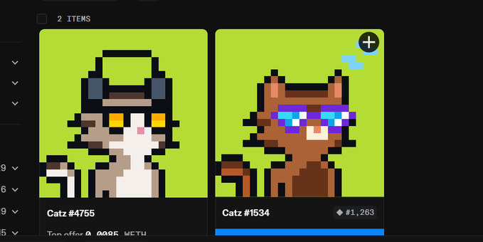 A digital collectibles interface showing two pixel-art cats labeled 'Catz #4755' and 'Catz #1534' on bright green backgrounds, with a price of 'Ξ 1.263' displayed on the right item.