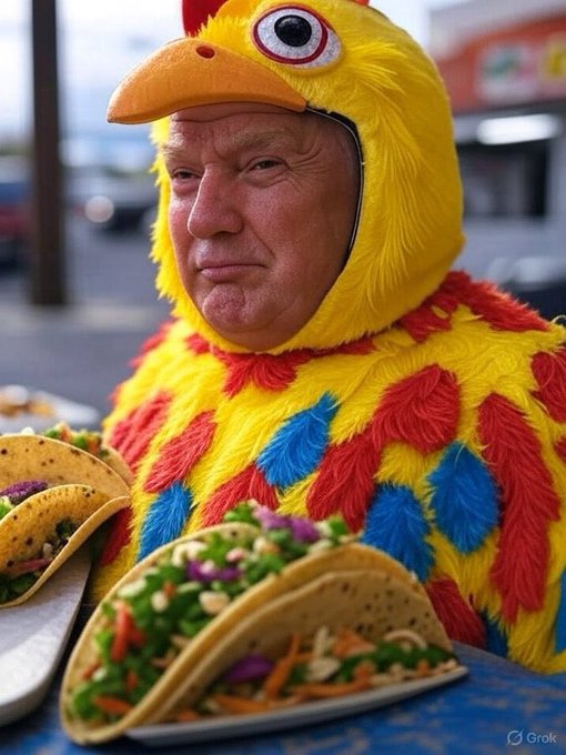 A man in a chicken costume sits before plates of tacos, with a "Grok" watermark visible in the corner. The image visually echoes the post's meme-coin commentary by depicting a "chicken" (slang for a fearful investor) who likely bought in too late and is now stuck "holding the bag"—in this case, literally holding tacos—much like the nearly 1 million TRUMP coin investors facing unrealized losses.