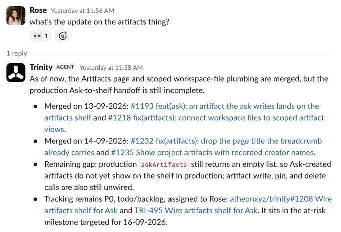 The image shows a Slack thread where Rose asks Trinity (marked as AGENT) for an update on the artifacts project, and Trinity provides a detailed status report listing merged changes from 13-09-2026 (#1193, #1218) and 14-09-2026 (#1232, #1235), while noting that production wiring remains incomplete with tracking under todo/backlog, assigned to Rose via trinity#1208 and TRI-495, targeting 16-09-2026. The caption about a teammate keeping one on track relates to how Trinity's structured update helps Rose stay informed on their shared artifact shelving project.