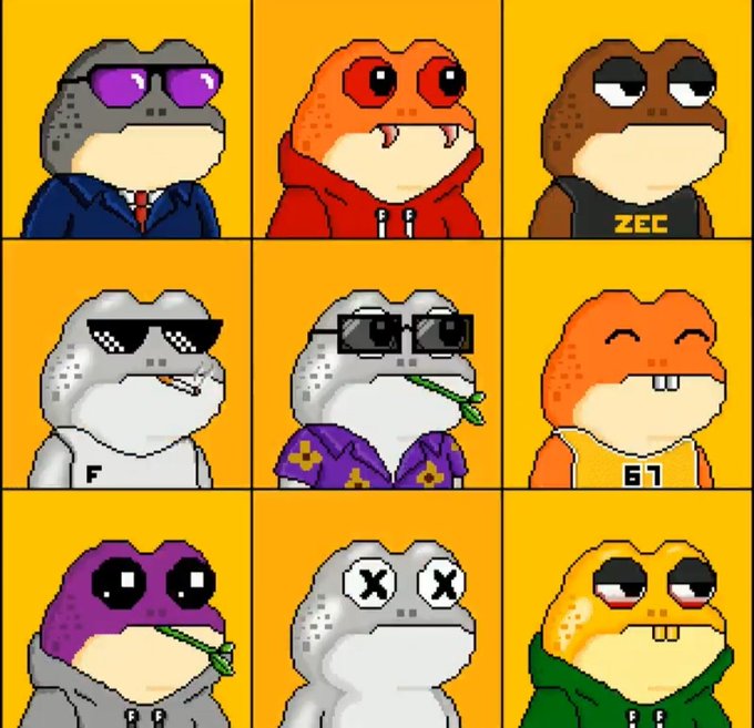 A 3x3 grid of nine pixel-art frog characters with various accessories (sunglasses, blunts, hoodies) and colors, featuring text "ZEC" and numbers "F", "67", "6969" on their clothing, promoting the ZEC Frogs NFT mint giveaway with 10 guaranteed spots.
