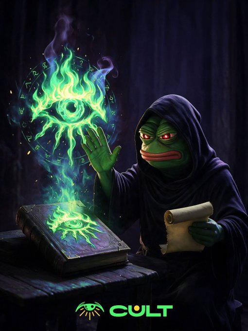 A hooded, green frog wizard performs a magical ritual, summoning a glowing green eye from a book, with the 'CULT' logo displayed at the bottom, visually echoing the 'Rising' theme from the accompanying text.