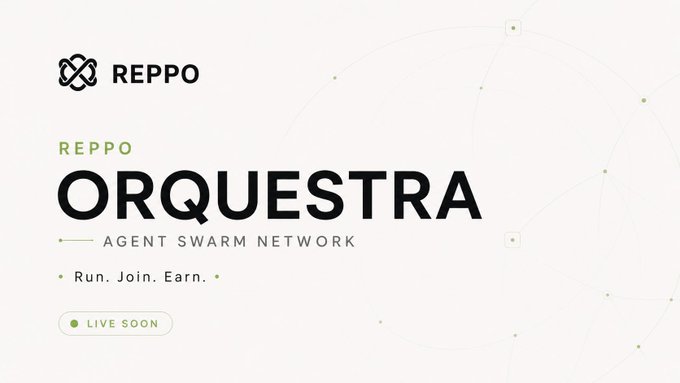The image features a white background with black text that reads "Reppo Orquestra Agentic Swarm Network". The text is centered against a light green background, making it stand out prominently. Below this title, there are two lines of black text providing information about the network and how to join or use it.