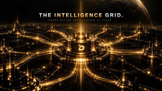 A sprawling futuristic metropolis is overlaid with glowing golden circuit-like pathways radiating from a central hub bearing the Dogecoin "Ð" symbol, framed by the text "THE INTELLIGENCE GRID. COORDINATING INTELLIGENCE AT SCALE." The imagery visualizes the post's message of a massive intelligence-coordinating network, positioning Dogecoin as the connective infrastructure powering this next-generation system.