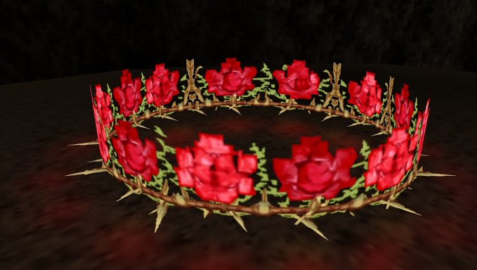 A 3D-rendered crown of thorns intertwined with red roses and green leaves, resting on a dark wooden surface.
