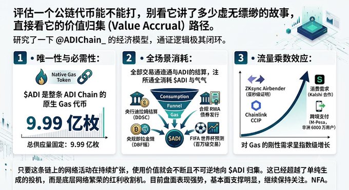 The image is an infographic analyzing the value accrual model of the @ADIChain_ project, highlighting $ADI as its native gas token with a fixed supply of 999 million tokens (9.99亿枚). It outlines three key points: the token's uniqueness and necessity, its consumption across all scenarios (including DDSC, DBFIB, and FIFA), and exponential demand growth driven by ZKsync Airbender verification, Chainlink CCIP, Kalshi, and M-Pesa. The accompanying post reflects the author's personal takeaway after researching ADIChain, and the infographic supports this by breaking down the tokenomics and value drivers in a clear, non-technical format.