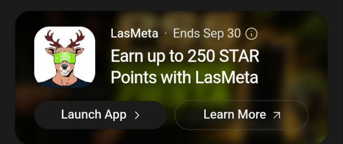 A promotional banner for LasMeta featuring a cartoon deer character wearing green sunglasses, offering 'Earn up to 250 STAR Points with LasMeta' with buttons to 'Launch App' and 'Learn More'.