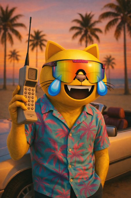 In this digital illustration, a man wearing sunglasses and sunglasses glasses with his eyes closed, holding a cell phone, is depicted standing next to an older car and palm trees in a tropical setting. The background features a sunset, adding a serene atmosphere to the scene. The image also includes some text that reads "Money is calling, do you take the call?". This suggests that there could be a theme or message related to making money or answering calls from someone named Money, as indicated by the $MOG post in the caption.