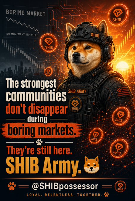 A promotional graphic featuring a Shiba Inu dog in tactical gear with text 'The strongest communities don't disappear during boring markets. They're still here. SHIB Army.' and handle @SHIBpossessor.