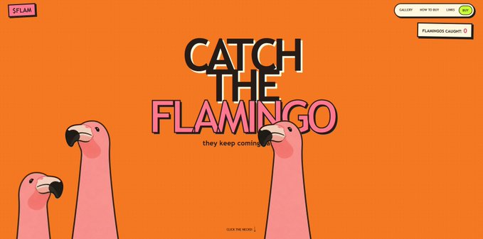 A game screenshot titled 'CATCH THE FLAMINGO' with the subtitle 'they keep coming' on an orange background, showing three pink flamingos and a score counter in the top right.