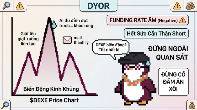 A Vietnamese-language cartoon/meme about cryptocurrency trading featuring a graph labeled '$DEXE Price Chart' with phrases like 'FUNDING RATE ÂM (Negative)', 'Biến Động Kinh Khủng', and 'ĐỪNG NGOÀI QUAN SÁT' next to a pixelated character.