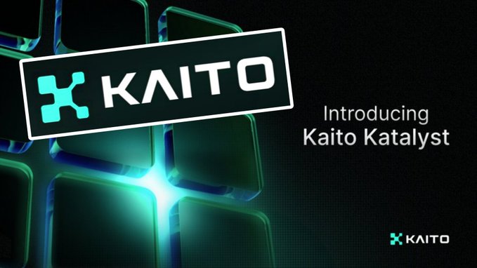 A promotional graphic for Kaito features its logo on dark teal blocks with the text "Introducing Kaito Katalyst," teasing the platform's new solution to the creator reward issues described in the post.