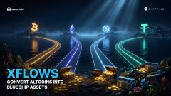 A promotional banner for the cryptocurrency exchange platform Coinbase, showcasing their "XFLOWS" service with the tagline "CONVERT ALTCOINS INTO BLUE-CHIP ASSETS," featuring colorful illuminated paths leading to crypto symbols including ETH, Binance, and Tether against a dark backdrop.

The image relates to the post by illustrating Coinbase's Xflow conversion tool, which the poster references as having used to swap their meme coin holdings back into ETH as they exit speculative altcoin positions.