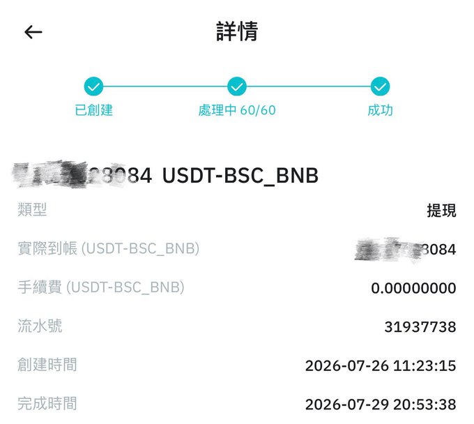 A Chinese-language transaction confirmation screen showing a successful USDT-BSC_BNB withdrawal of approximately 3084 USDT with zero fees, completed on 2026-07-29.