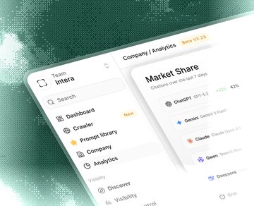 A digital dashboard interface displaying 'Company / Analytics Beta V2.25' with navigation options including 'Team Intra', 'Dashboard', 'Crawler', 'Prompt library', 'Company', and 'Analytics', alongside a 'Market Share' section showing competitors like ChatGPT, Gemini, Claude, and Quen.