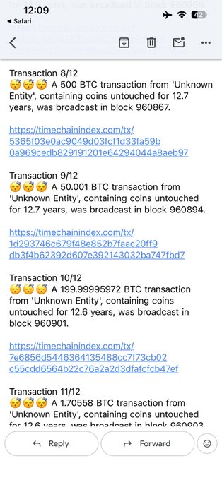 A screenshot of an email notification from "blocknotifier" lists recent large Bitcoin transactions over 500 BTC, including details for transactions 8/12, 9/12, 10/12, and 11/12, each containing "coins untouched for 12.7 years" or "12.6 years" from an "Unknown Entity" with links to timechainindex.com. This illustrates the movement of long-dormant Bitcoin coins mentioned in the accompanying post about large dormant coins being moved today.