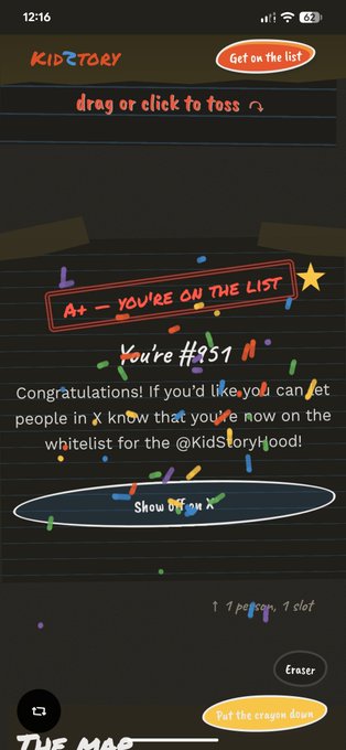 A screenshot from the KidStory app showing a 'whitelist' confirmation that says 'A+ - YOU'RE ON THE LIST' and the user is '#351', with confetti animation.