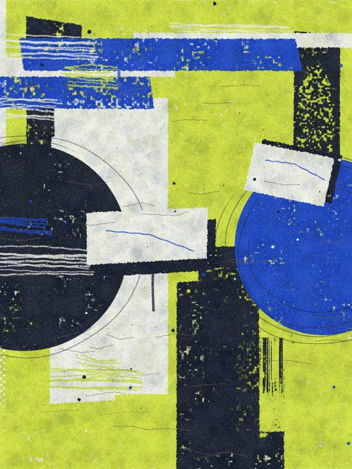 An abstract mixed-media collage artwork composed of overlapping geometric shapes including blue and white rectangles, black and blue circles, and textured patterns set against a bright yellow-green background.