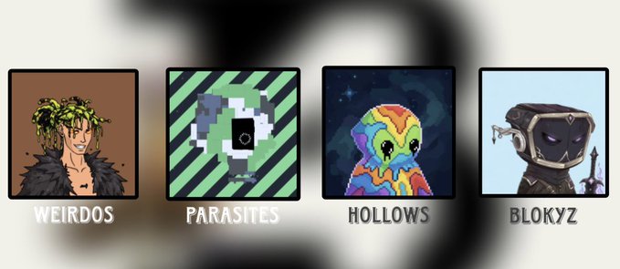 Four NFT collection logos are displayed in a row, labeled "WEIRDOS," "PARASITES," "HOLLOWS," and "BLOKYZ," corresponding to the four upcoming collections (@weirdos_art, @thehejz, @hollows_nft, and @OriginalBlokyz) the author is looking to mint and buy.