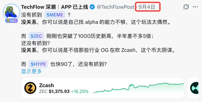 A Chinese-language tweet from TechFlow (深渊) @TechFlowPost dated '9月4日' discussing crypto tokens including $SMEME, $ZEC (Zcash), and $SHYPE, with a Zcash price chart showing $1,375.93.