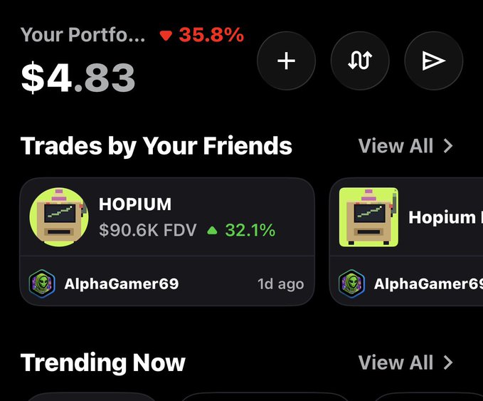 A mobile crypto portfolio tracker displays a current balance of $4.83, down 35.8% in red, with a "Trades by Your Friends" section highlighting a HOPIUM token showing a $90.6K FDV up 32.1% green, traded by AlphaGamer69. The post sets a hopeful tone, framing the low starting balance as the launching point for an ambitious growth journey.